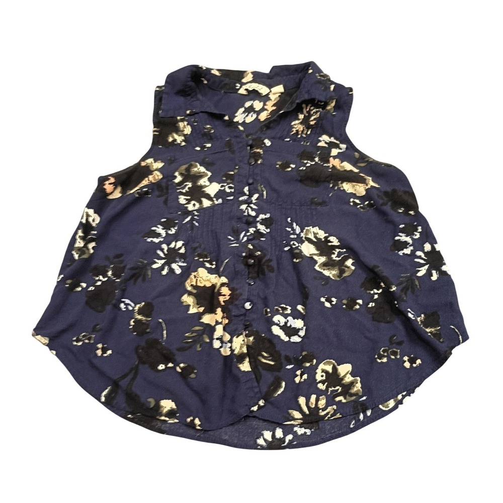 Caffe Marrakesh Floral Blouse Womens Large Navy Blue Sleeveless Pintuck Boho Top